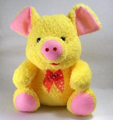 ตุ๊กตาสัตว์ ตุ๊กตาหมูอ้วนน่ารักนุ่มนิ่มสีเหลืองผูกโบว์แดง