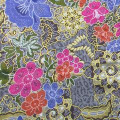 ผ้าบาติก ผ้าถุงสำเร็จรูปสีเทารูปดอกไม้โสร่งอินโดนีเซียลายทอง